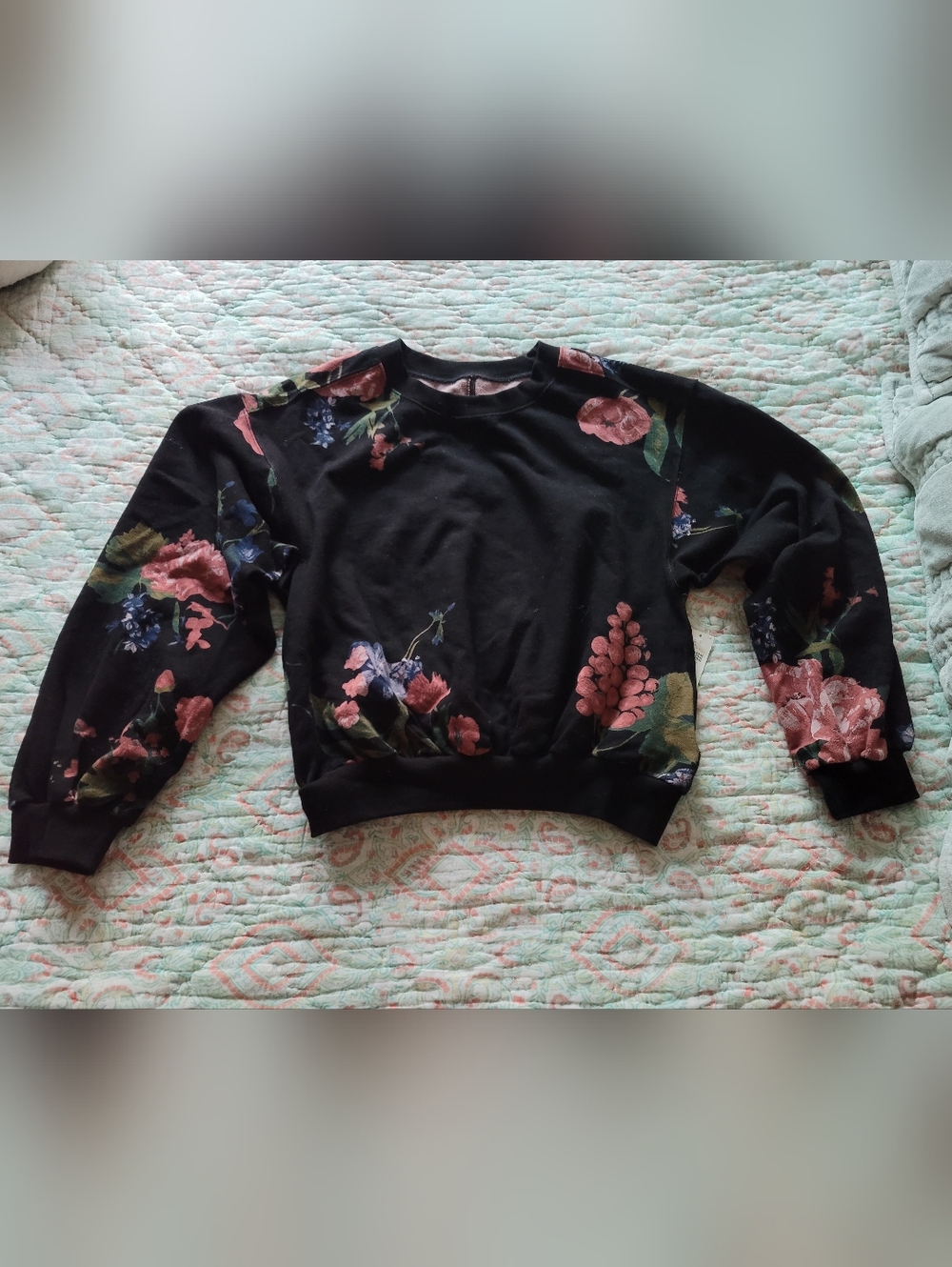 The Niki Bubble Sweatshirt by Pilcro | Anthropologie Floral Print Black Top - Picture 6 of 10